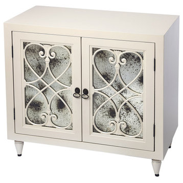 Unique Storage Cabinet, 2 Doors With Scrollwork & Mirrored Accents, White