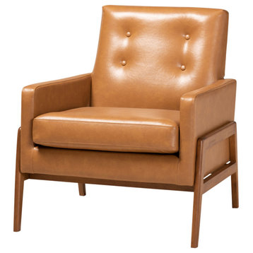 Yivi Mid-Century Tan Faux Leather and Walnut Brown Wood Lounge Chair