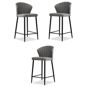 Home Square Counter Stool Smoke Leather in Black Legs - Set of 3