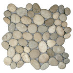 CNK Tile - Java Tan Pebble Tile - Each pebble is carefully selected and hand-sorted according to color, size and shape in order to ensure the highest quality pebble tile available. The stones are attached to a sturdy mesh backing using non-toxic, environmentally safe glue. Because of the unique pattern in which our tile is created they fit together seamlessly when installed so you can't tell where one tile ends and the next begins!