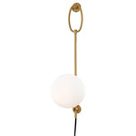Hudson Valley Lighting - Gina 1-Light Plug-in Wall Sconce, Aged Brass - Gina plays with the idea of mounting a hand-held lantern on the wall, its hoop fitting snugly in the top mount and its timeless sphere diffuser clicking into place on the other mount. The dark fabric-wrapped cord plugs into a wall outlet, making Gina an easy way to add instant glamour to a temporary space.