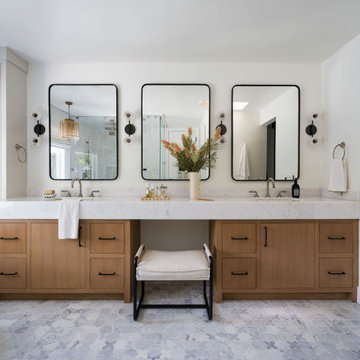 Double Oak Vanity with Black Framed Mirrors | Primary Bathroom