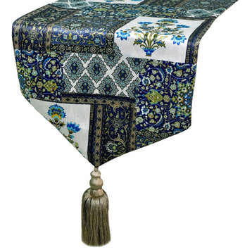 Table Runner Blue Satin 14"x48" Persian, Floral, Tassels & Satin - Niloufar Blue