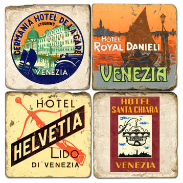 Tumbled Marble Coaster St/4 With Coaster Stand, Venice Hotel Logos