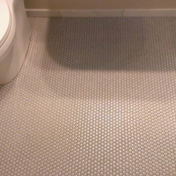 BATHROOM - Calcutta Gold Marble Shower / Gray Penny Tile Floor