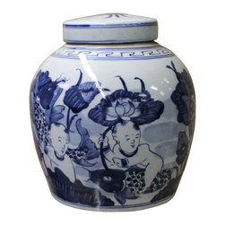 Blue & WhiteChinese Handmade Medium Blue & White Porcelain Ginger Jar - Decorative Jars And Urns