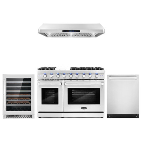 4-Piece, 48" Gas Range, Range Hood, Dishwasher and 48 Bottle Wine Cooler