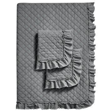 3-Piece Bedspread Coverlet Quilt Set, Lightweight, Ruffle, Dark Gray, Full/Queen