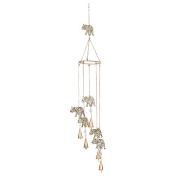 Gold Metal Eclectic Embellished Elephant Windchime with Beads 5" x 5" x 39"