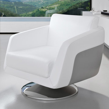 Modern Armondo Swivel Armchair White Microfiber Leather and Grey Accent