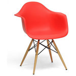 Baxton Studio - Baxton Studio Pascal Red plastic Mid-Century Modern Shell Chair, Set of 2 - The retro simplicity of this classic red modern shell chair will instantly enhance the modernity of your room. Each of these mid-century modern dining Chair's made from durable molded plastic with an ergonomically-shaped and curved seat and armrests. The legs are wooden and include steel hardware in black as well as black plastic tips to protect sensitive flooring. To clean, wipe with a damp cloth. This item is made in China and assembly is required. This item is also available in black, red, or white arm chairs or side chairs (each sold separately).