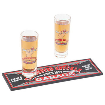 Busted Knuckle Garage Shot Glasses With Rubber Bar Mat