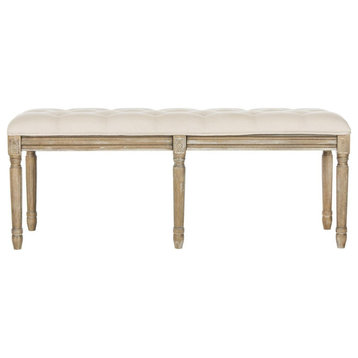 Simone 19'' H French Brasserie Tufted Traditional Rustic Wood Bench Beige