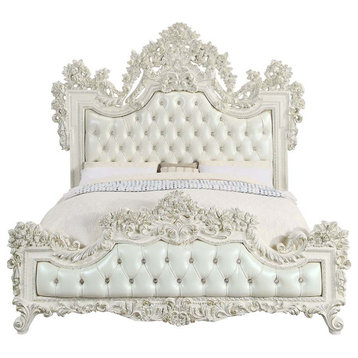 Acme Adara Eastern King Bed White PU and Antique White Finish