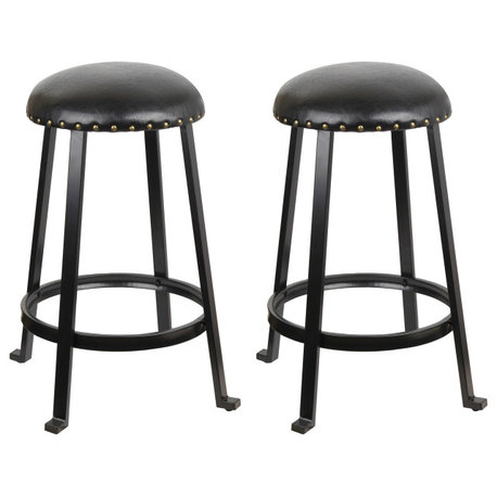 Round Backless Metal Bar Stool, Vegan Leather Seat, Set of 2