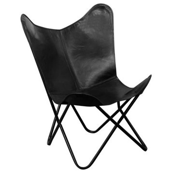 vidaXL Chair Living Room Chair with Powder Coated Iron Frame Black Real Leather