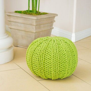 Contemporary Living Space Featuring Green Knitted Pouf