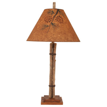 Twig and Leather Table Lamp With Pine Branch Shade
