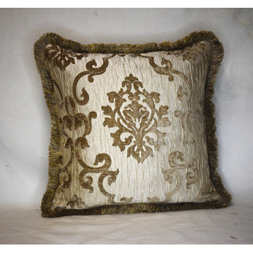 Gold chenille medallion floral decorative throw pillow With fringe for sofa, 20x
