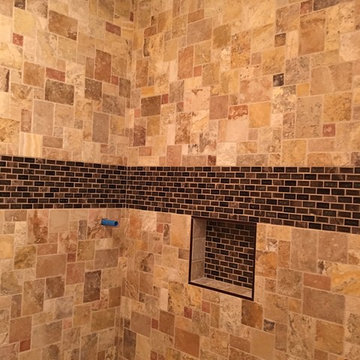 Mini-Versailles Scabos Travertine and Crackled Glass and Stone Brick Shower