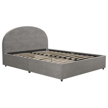 Modern Platform Bed, Arched Velvet Headboard & Side Drawers, Light Gray, Queen