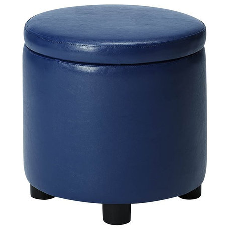 Designs4Comfort Round Accent Storage Ottoman in Blue Faux Leather Fabric