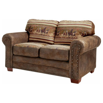 Farmhouse Loveseat, Leather Look Microfiber Upholstery With Wild Horse Motif