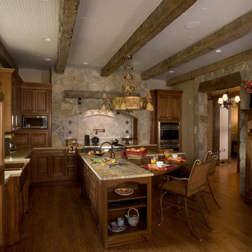 Natural Distressed Cherry Recessed Panel Cabinetry with beadboard ceiling and re