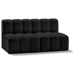 Meridian Furniture - Arc Vegan Leather Upholstered 2-Pc. Modular Sofa, Black - Unleash modern opulence with the Arc Vegan Leather 2pc. Sectional. Crafted for the modern connoisseur, this Sectional injects an air of refined luxury into any space. Its sleek silhouette, upholstered in supple black vegan leather, exudes timeless sophistication while the deep channel tufting adds textural intrigue, further elevating the chair's visual appeal. The modular design makes it a versatile chameleon, effortlessly adapting to your evolving needs and preferences. Whether you envision it gracing a chic living room corner, basking in the glow of a bedroom window, or adding a touch of drama to a home office, the Arc seamlessly complements your unique interior aesthetic.