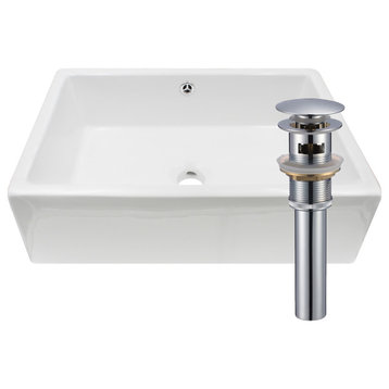 Rectangular White Porcelain Vessel Sink with Overflow Drain, Chrome
