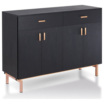 Contemporary Sideboard, Rose Golden Legs With 4 Doors & 2 Drawers, Black