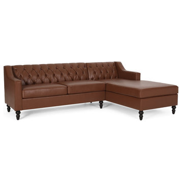 Sectional Sofa, Birch Bun Feet & PU Leather Seat With Tufted Back, Cognac Brown