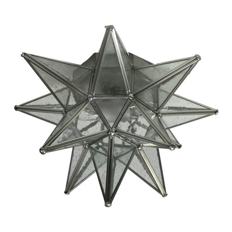 Moravian Star Ceiling Light, Flush Mount, Seedy Glass, Silver Trim