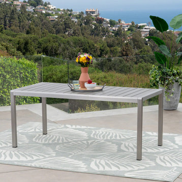 Coral Outdoor Aluminum Dining Table With Faux Wood Top, Gray
