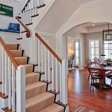 Staircase with Tan Stair Runner - Salt Pond Tee Coastal -Custom Home on  Cape Co