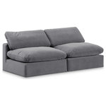 Meridian Furniture - Comfy Upholstered Modular Sofa, Grey, 2-Piece: 2 Armless Chair, Velvet - Give your space a whole new look with this grey Comfy velvet sofa. This handsome sofa fits nicely with other items in the Comfy collection and is a versatile seating option designed for adaptability, comfort and style. Wrapped in rich grey durable velvet upholstery, this sofa offers a plush embrace of overstuffed down feather cushions, carefully crafted to deliver the highest level of comfort. The perfect seat for creating an oasis for relaxation, this sofa has thick foam surrounding its frame for added support and coziness.