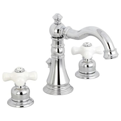 Classic Widespread Bathroom Faucet, Curved Spout & White Cross Handles, 8-inch, Chrome