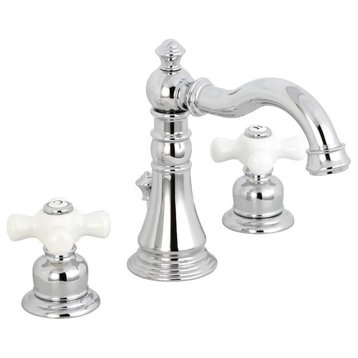 Classic Widespread Bathroom Faucet, Curved Spout & Crossed White Handles, Chrome