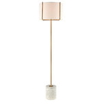 Elk Home - Trussed Floor Lamp, White Terazzo and Gold With A Pure White Linen Shade - Up the style level in a room with the Trussed floor lamp. Featuring an on-trend, white terrazzo base, this piece has a subtle Mid-Century vibe with its drum-shaped, white fabric shade and gold-finished metal appointments. A floor lamp is also available in the Trussed collection.