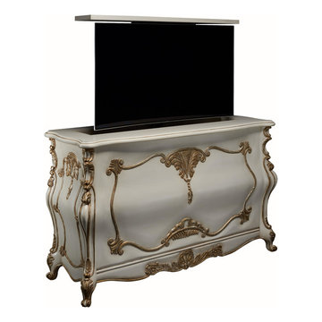 Chateau Bombay furniture with TV lift is hand carved by Cabinet Tronxi