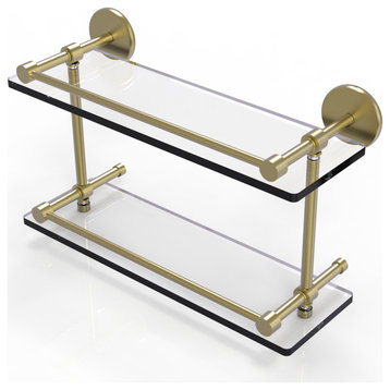 16" Tempered Double Glass Shelf with Gallery Rail, Satin Brass