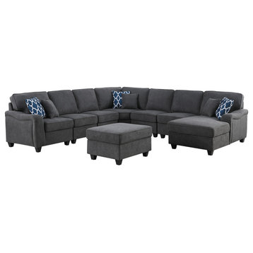 Leo Dark Gray Woven 8-Piece Modular L-Shape Sectional Sofa Chaise and Ottoman