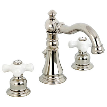 Classic Widespread Bathroom Faucet, Curved Spout & Crossed White Handles, Nickel