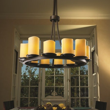 CandleAria Dakota Ring Chandelier Tall, Cylinder With Melted Rim, Amber Shade