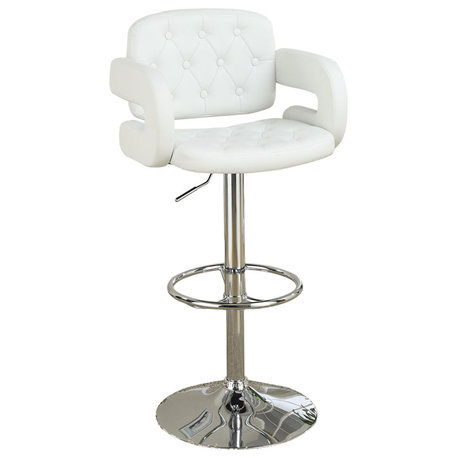 Adjustable Bar Stool with Armrests, White Faux Leather