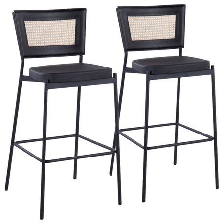 Rattan Tania Stool, Set of 2, Black Metal, Black PU, Rattan, Bar Height