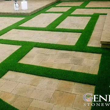 Paver Patio with Artificial Turf Inlay