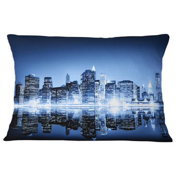 Night New York City Mirrored Cityscape Throw Pillow, 12"x20"