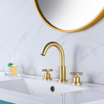 Deck Mounted Dual Handle Widespread Bathroom Faucet, Brushed Gold