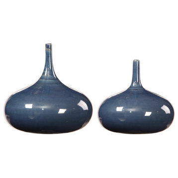 Elegant Dark Blue Tear Drop Shape Vase 2-Piece Set, Ribbed Curved Bottle